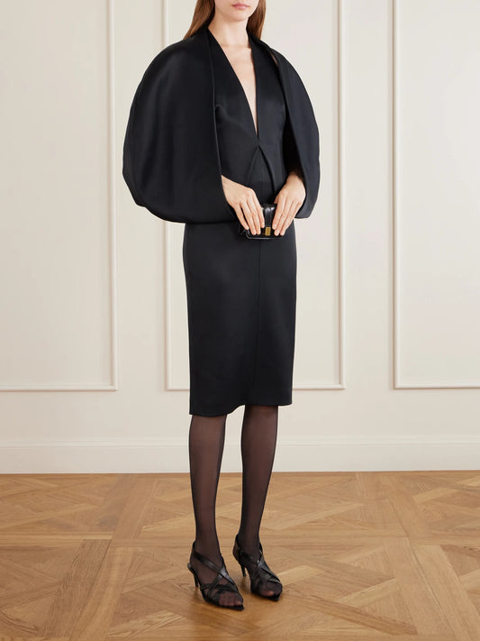 Image of Dresses. Product name - Dakota Sculptural Crepe-satin Midi Dress in Black colour by brand - KHAITE