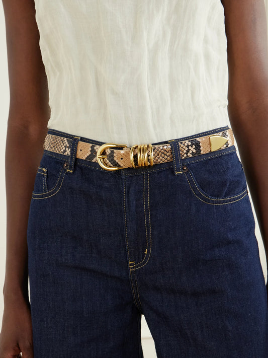 Image of Belts. Product name - Hollyhock Embellished Snake-effect Leather Belt in Snake print colour by brand - Déhanche