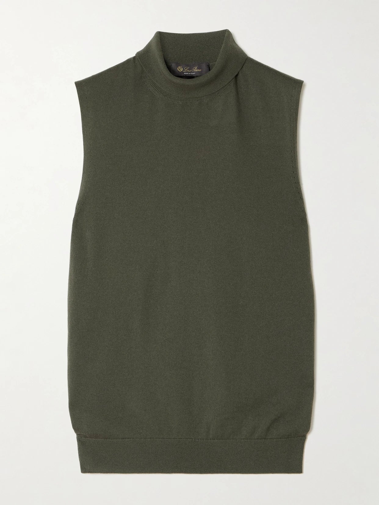 Image of a model wearing Outerwear. Product name - Piuma Cashmere Turtleneck Tank in Dark green colour by brand - Loro Piana