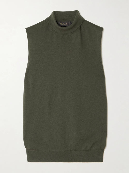 Image of a model wearing Outerwear. Product name - Piuma Cashmere Turtleneck Tank in Dark green colour by brand - Loro Piana