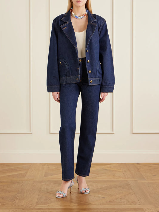 Image of a model wearing Pants. Product name - Mid-rise Straight-leg Jeans in Dark denim colour by brand - BLAZÉ Milano