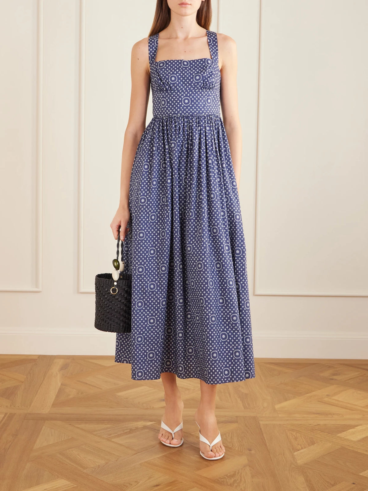 Image of Dresses. Product name - Gathered Printed Organic Cotton Midi Dress in Blue colour by brand - Matteau