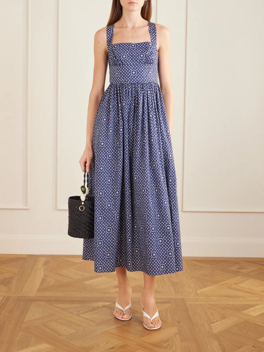 Image of Dresses. Product name - Gathered Printed Organic Cotton Midi Dress in Blue colour by brand - Matteau