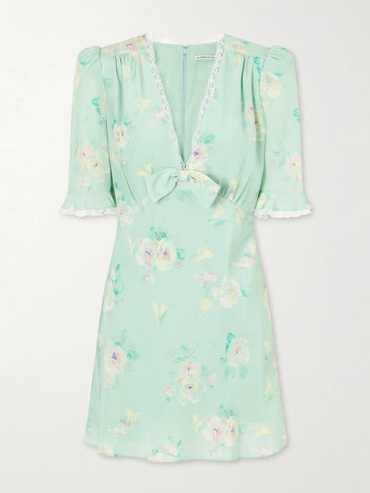 Image of Dresses. Product name - Floral-print Lace-trimmed Bow-embellished Silk Mini Dress in Green colour by brand - Alessandra Rich