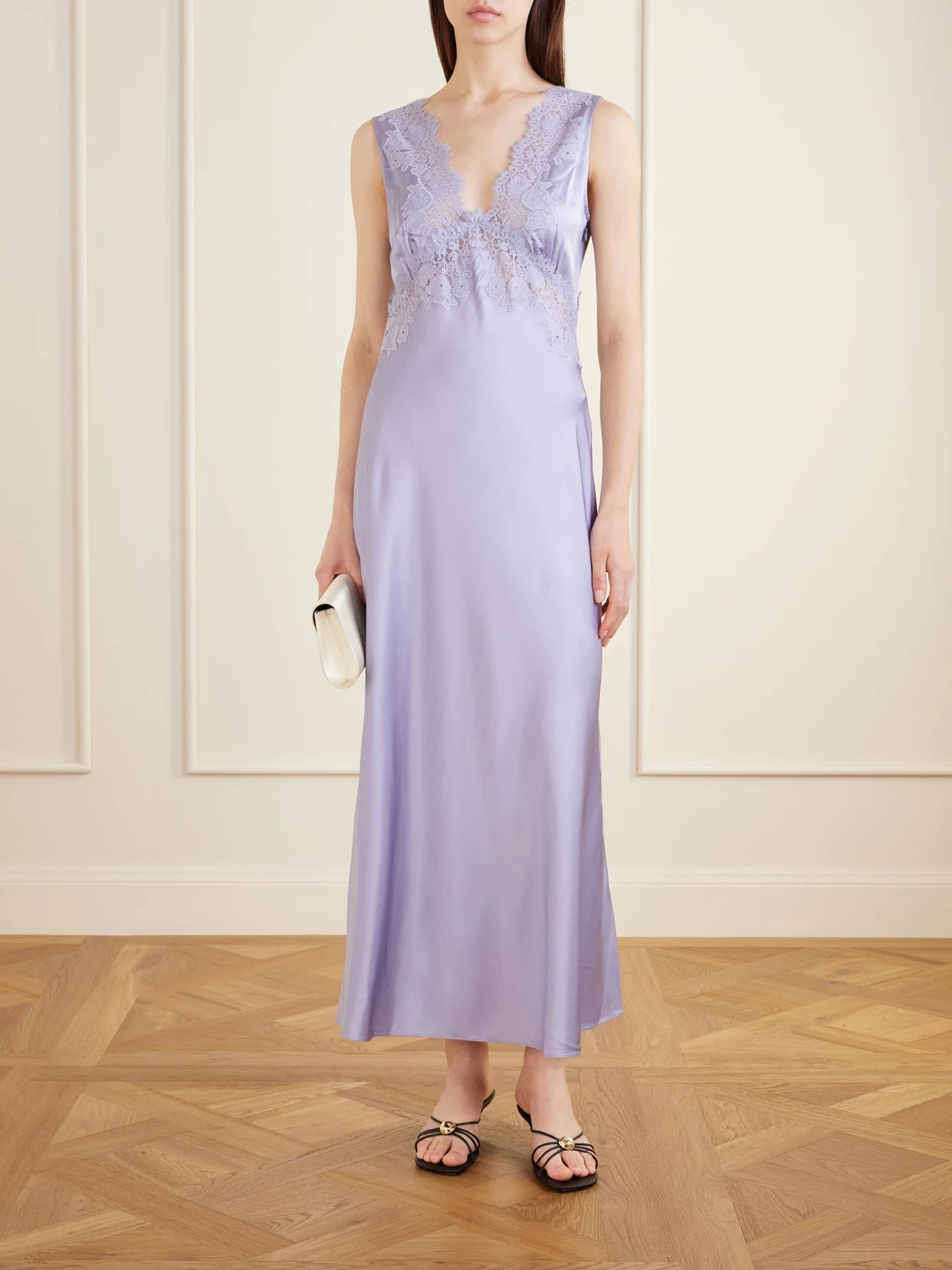 Image of Dresses. Product name - Lysandra Lace-trimmed Satin Maxi Dress in Blue colour by brand - RIXO