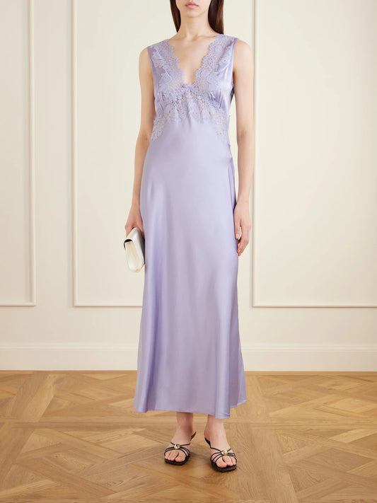 Image of Dresses. Product name - Lysandra Lace-trimmed Satin Maxi Dress in Blue colour by brand - RIXO