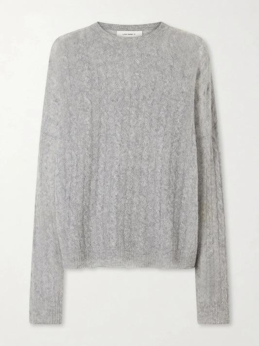 Image of a model wearing Outerwear. Product name - Amabel Cable-knit Cashmere And Silk-blend Sweater in Light gray colour by brand - LISA YANG