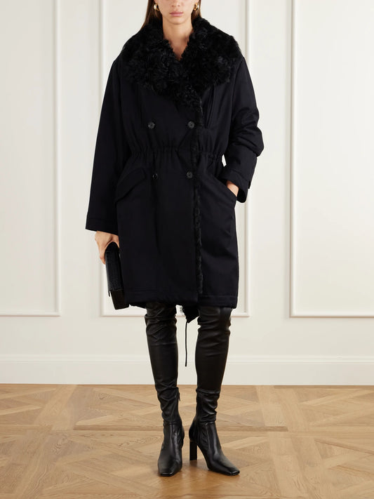 Image of Coats & Jackets. Product name - Double-breasted Shearling-trimmed Organic Cotton Woven Coat in Black colour by brand - TOTEME
