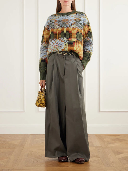 Image of a model wearing Outerwear. Product name - Intarsia-knit Brushed Merino And Wool-blend Sweater in Multi colour by brand - Dries Van Noten