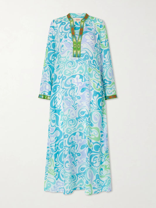 Image of Dresses. Product name - Jenna Printed Silk Coverup in Light blue colour by brand - Emporio Sirenuse