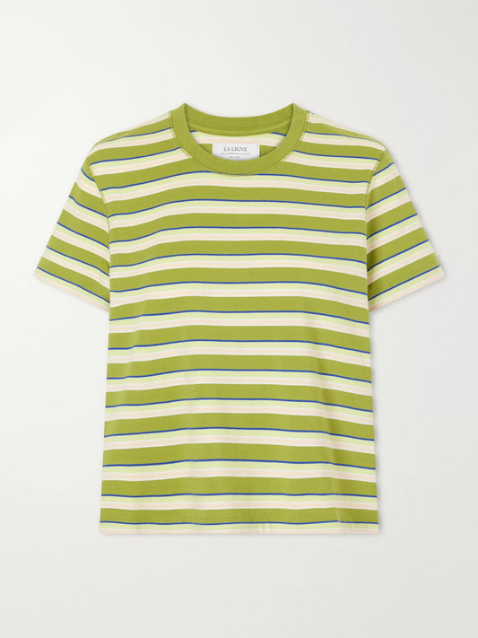 Image of a model wearing Tops. Product name - Mol Cropped Striped Cotton T-shirt in Green colour by brand - La Ligne