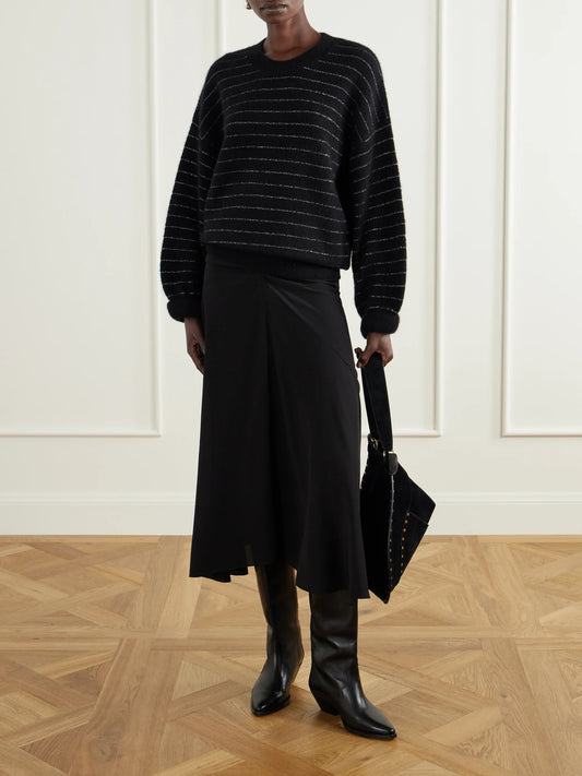Image of a model wearing Outerwear. Product name - Stacy Striped Embellished Sweater in Multi colour by brand - ISABEL MARANT