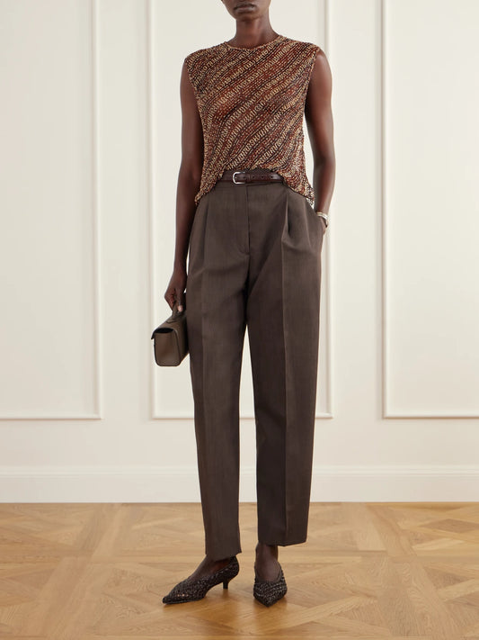 Image of a model wearing Tops. Product name - Beaded Open-knit Tank in Brown colour by brand - TWP
