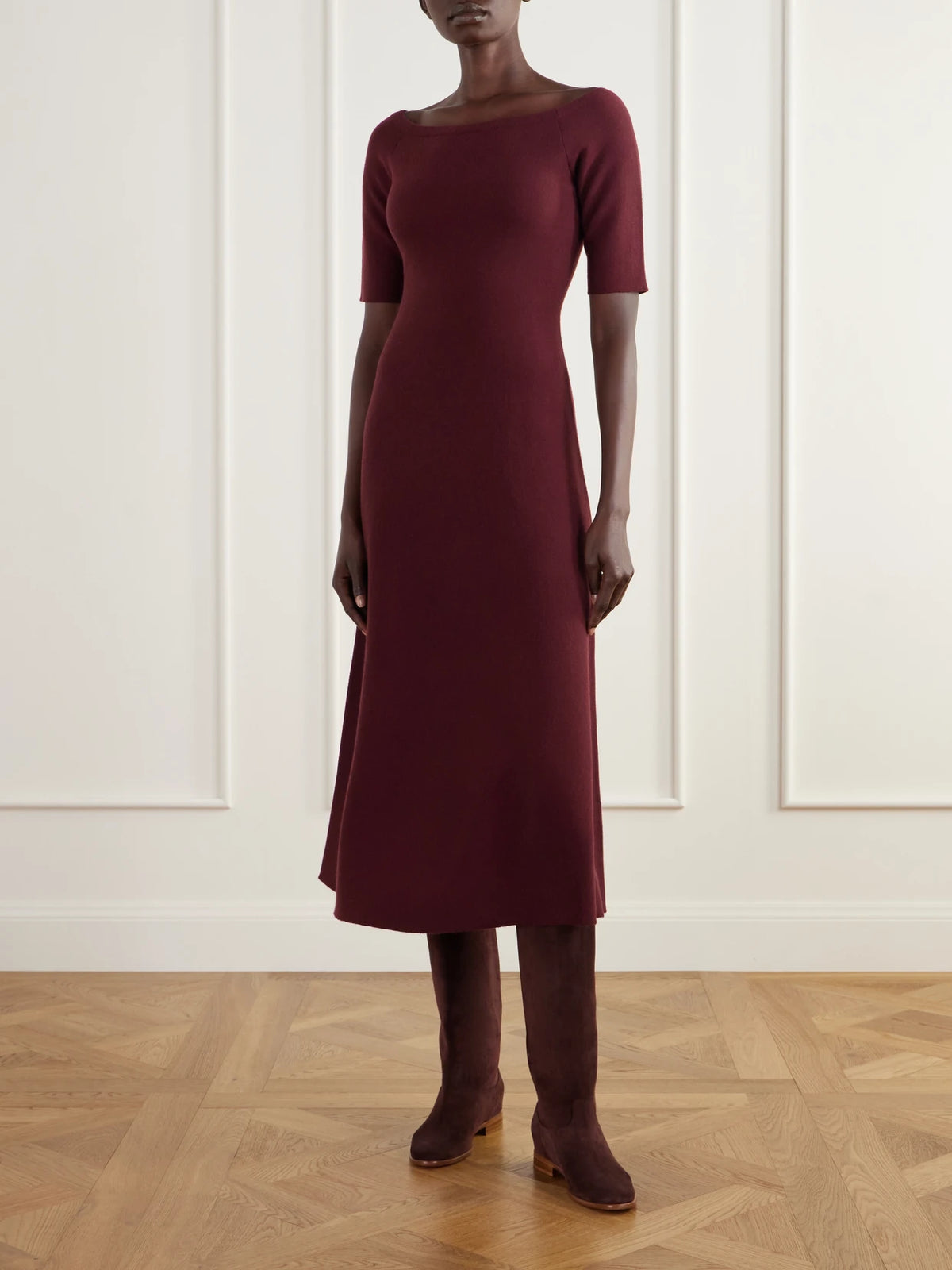 Image of Dresses. Product name - Vivia Knitted Wool Midi Dress in Burgundy colour by brand - Gabriela Hearst