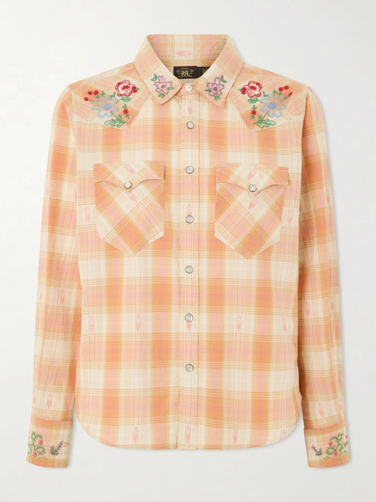 Image of a model wearing Tops. Product name - Buffalo Embroidered Checked Cotton Shirt in Orange colour by brand - RRL