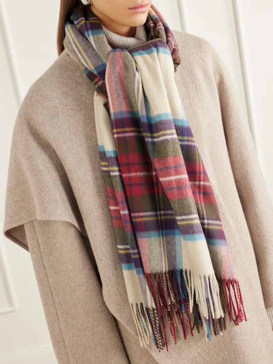 Image of Scarves & Shawls. Product name - Tartan Stole Fringed Checked Cashmere Scarf in Multi colour by brand - Johnstons of Elgin