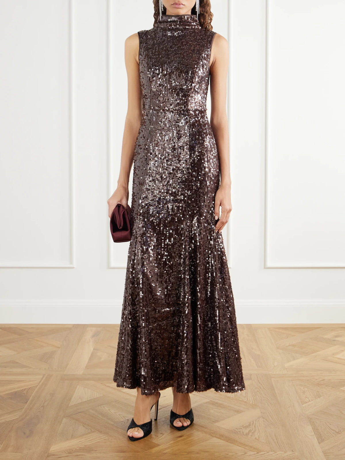 Image of Dresses. Product name - Elyisian Feather-trimmed Sequined-mesh Gown in Burgundy colour by brand - Aje