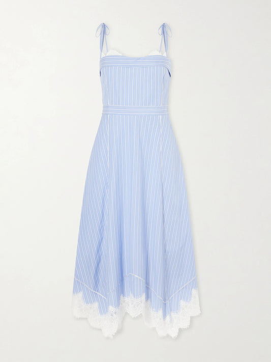 Avaleigh Lace-trimmed Striped Cotton-poplin Midi Dress
