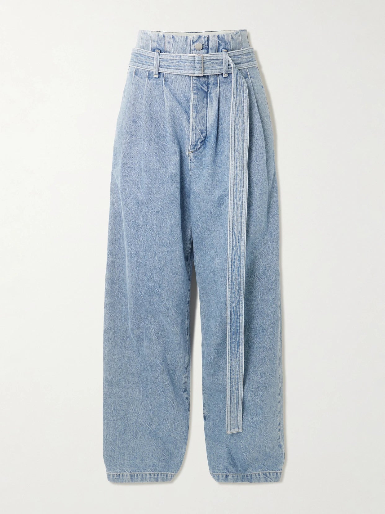 Image of Jeans. Product name - + Maria Mcmanus Corset Belted Pintucked High-rise Wide-leg Jeans in Mid denim colour by brand - AGOLDE