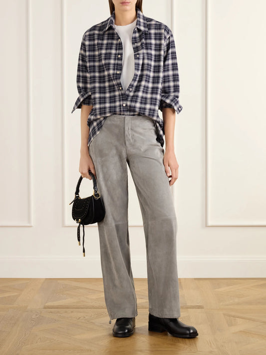 Image of Jeans. Product name - Sport Jean Paneled Suede Low-rise Straight-leg Pants in Gray colour by brand - Still Here