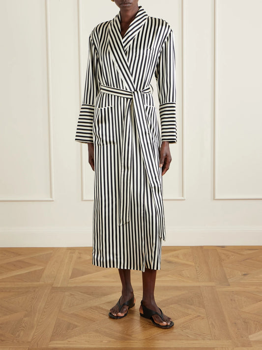 Image of Lingerie. Product name - Nika Belted Striped Silk-satin Robe in Black colour by brand - Olivia von Halle