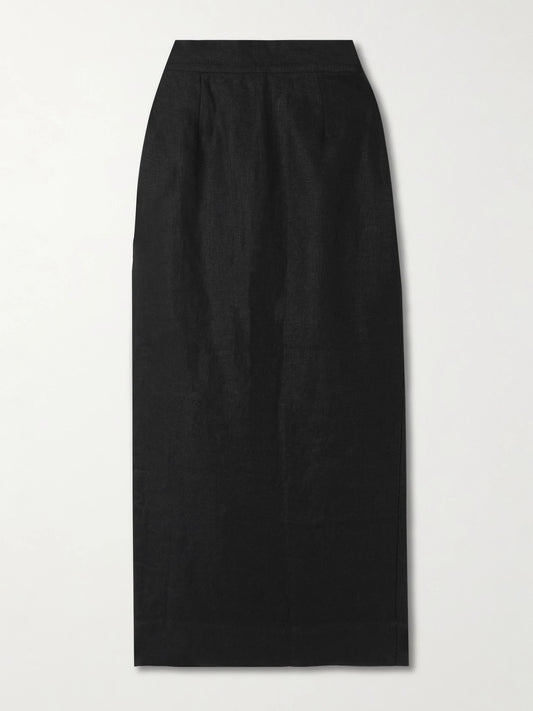 Image of a model wearing Skirts. Product name - Emma Linen Midi Skirt in Black colour by brand - Posse