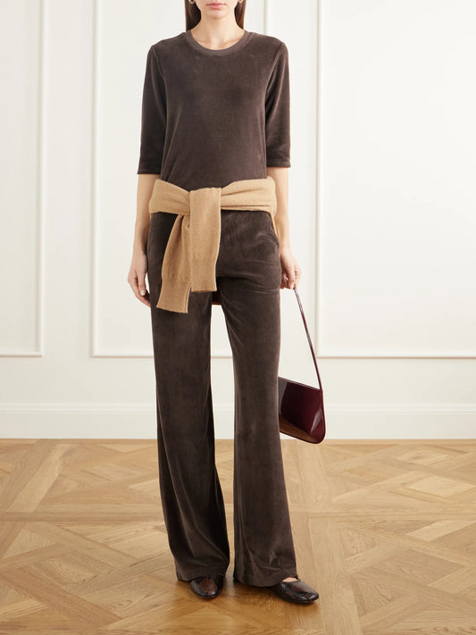 Image of Sleepwear & Loungewear. Product name - Corfu Cotton-blend Velour T-shirt in Brown colour by brand - Suzie Kondi