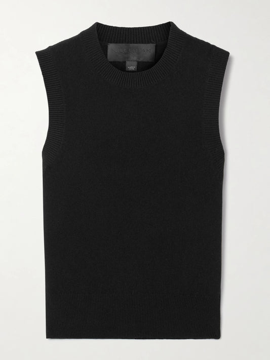 Image of a model wearing Outerwear. Product name - May Cropped Cashmere Tank in Black colour by brand - Nili Lotan