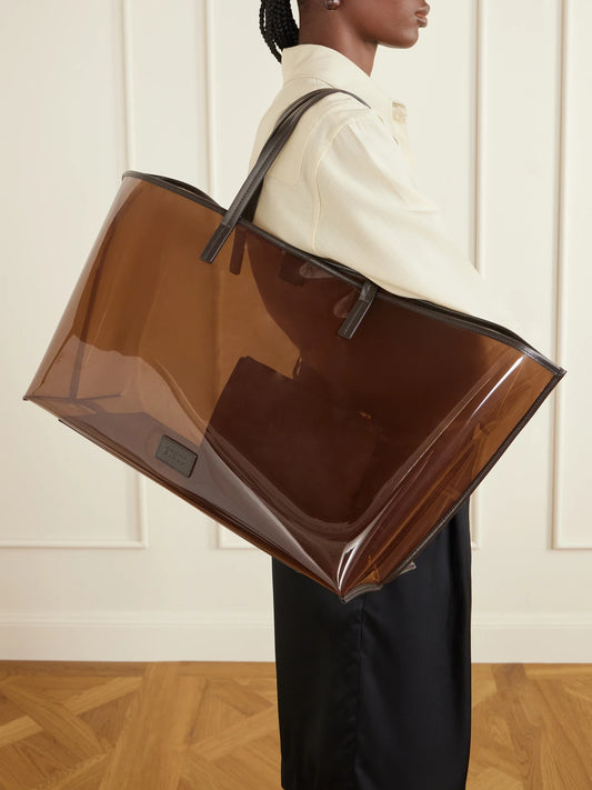 Image of Bags. Product name - Christos Large Leather-trimmed Pvc Tote in Dark brown colour by brand - STAUD