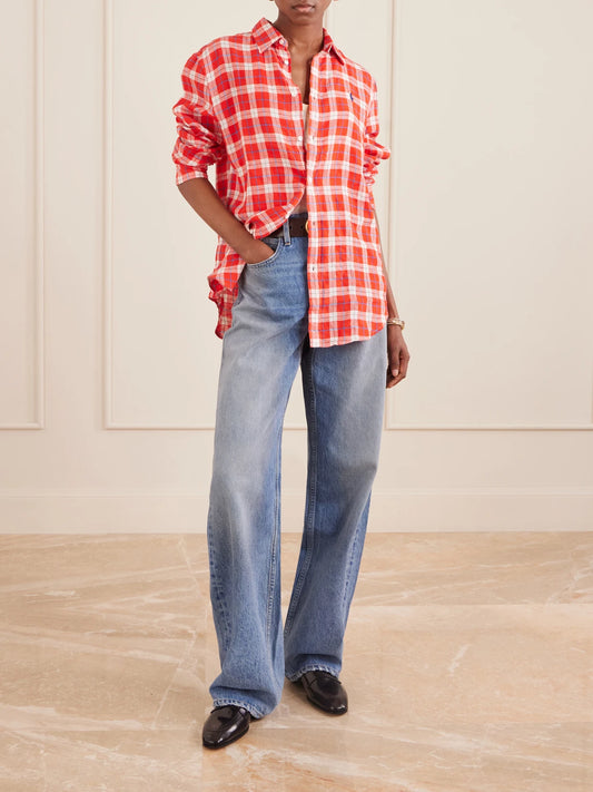 Image of a model wearing Tops. Product name - Logo-embroidered Checked Linen Shirt in medium colour by brand - Polo Ralph Lauren