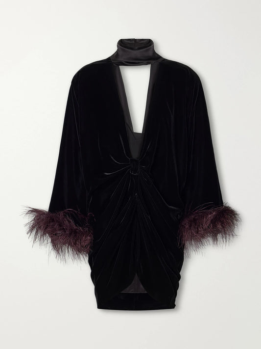 Valentino Garavani Gathered Feather-trimmed Velvet Mini Dress