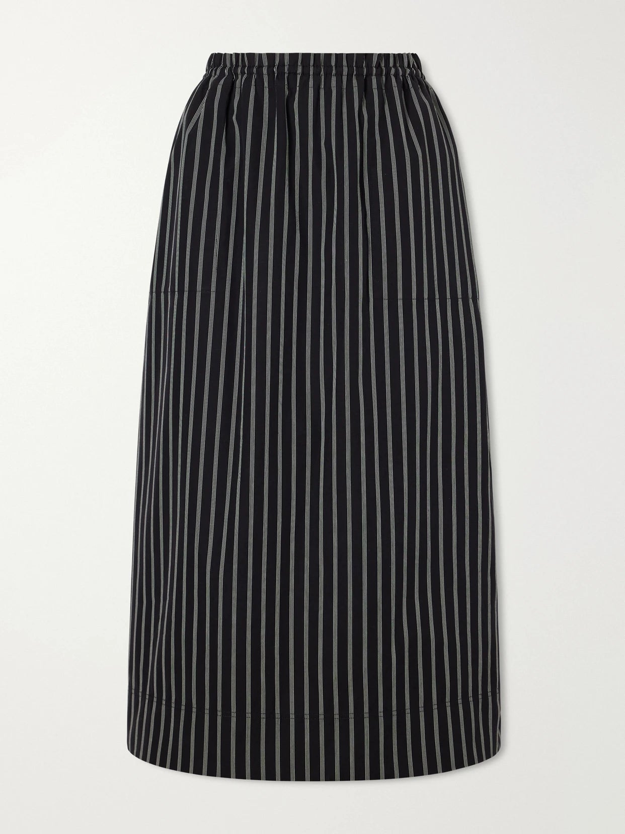 Image of a model wearing Skirts. Product name - Striped Cotton-poplin Midi Skirt in Black colour by brand - TOTEME