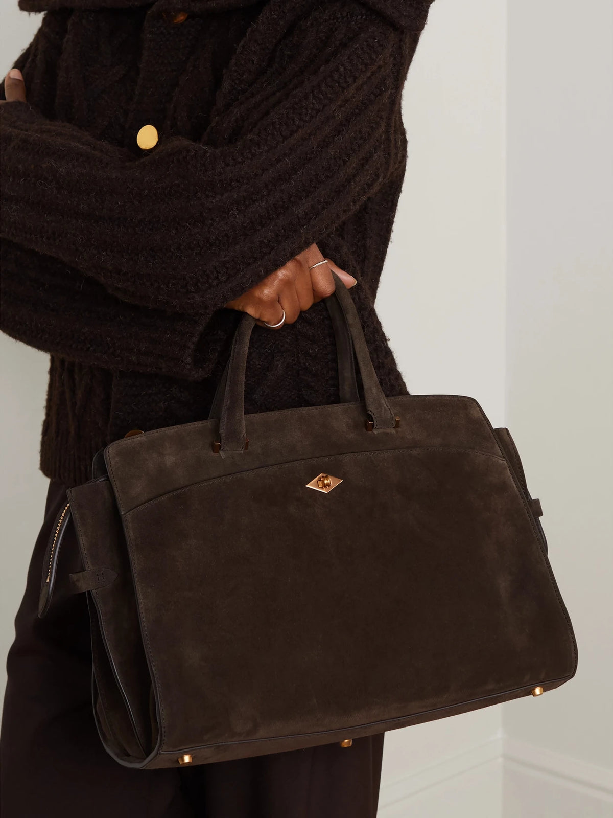 Image of Bags. Product name - Private Eye Medium Suede Tote in Chocolate colour by brand - Métier