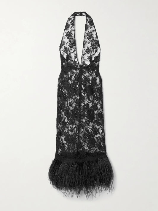 Image of Dresses. Product name - Feather-trimmed Cotton-blend Lace Halterneck Dress in Black colour by brand - Dolce & Gabbana