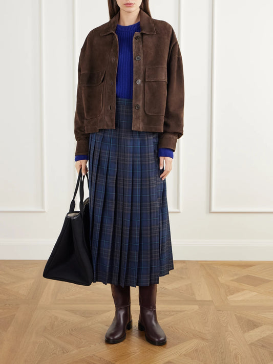 Image of a model wearing Skirts. Product name - Elydia Belted Pleated Checked Wool-blend Twill Midi Skirt in Navy colour by brand - Burberry