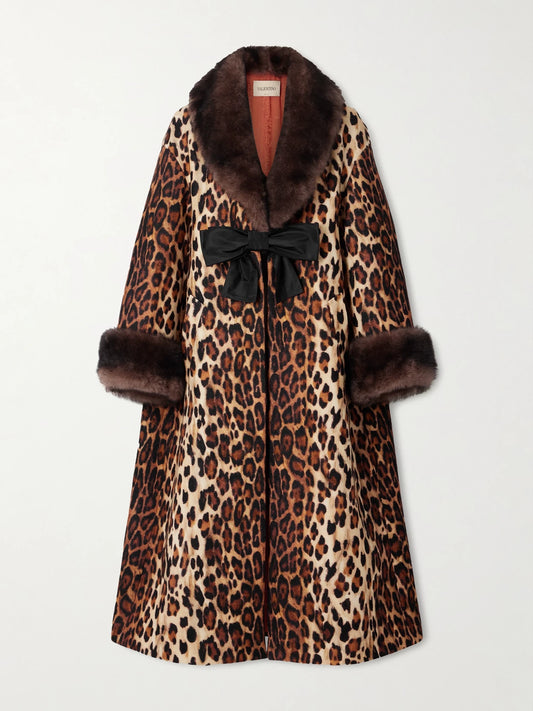 Image of Coats & Jackets. Product name - Bow-embellished Shearling-trimmed Leopard-print Wool Coat in Leopard print colour by brand - Valentino Garavani