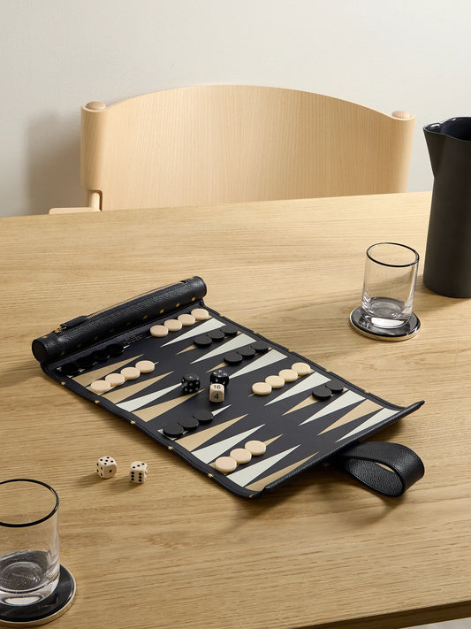 Image of Decor. Product name - Panama Printed Textured-leather Backgammon Roll in Navy colour by brand - Smythson