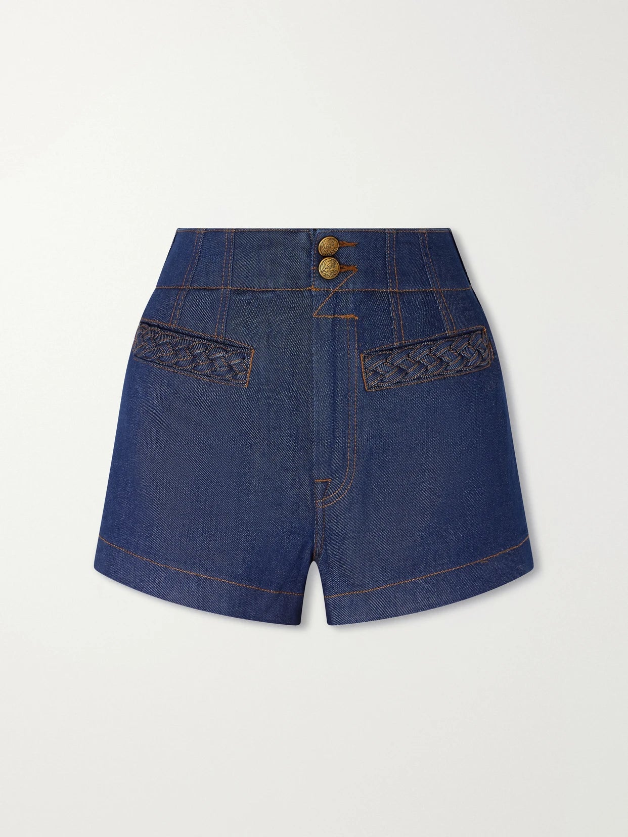 Image of a model wearing Shorts. Product name - Aster Denim Short in Blue colour by brand - Zimmermann