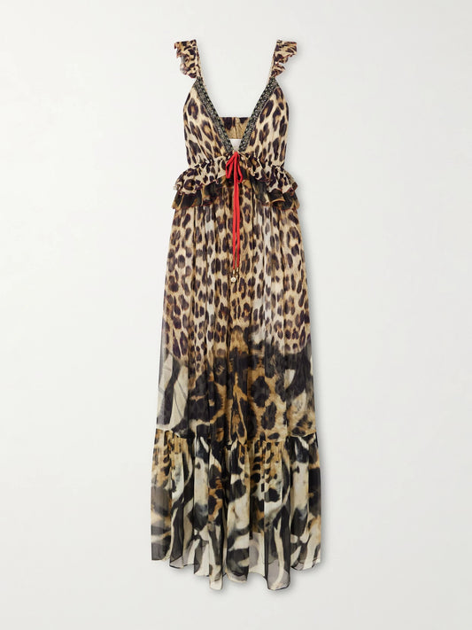 Camilla Leotigra Land Crystal-embellished Animal-print Silk Maxi Dress