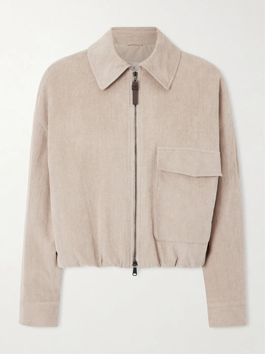 Image of Coats & Jackets. Product name - Embellished Padded Cotton-blend Corduroy Bomber Jacket in Beige colour by brand - Brunello Cucinelli