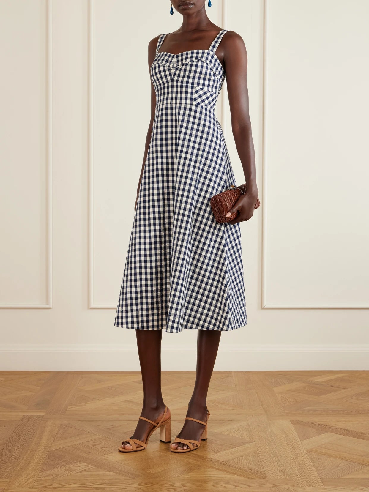 Image of Dresses. Product name - Lois Checked Stretch-cotton Cloqué Midi Dress in Navy colour by brand - Veronica Beard