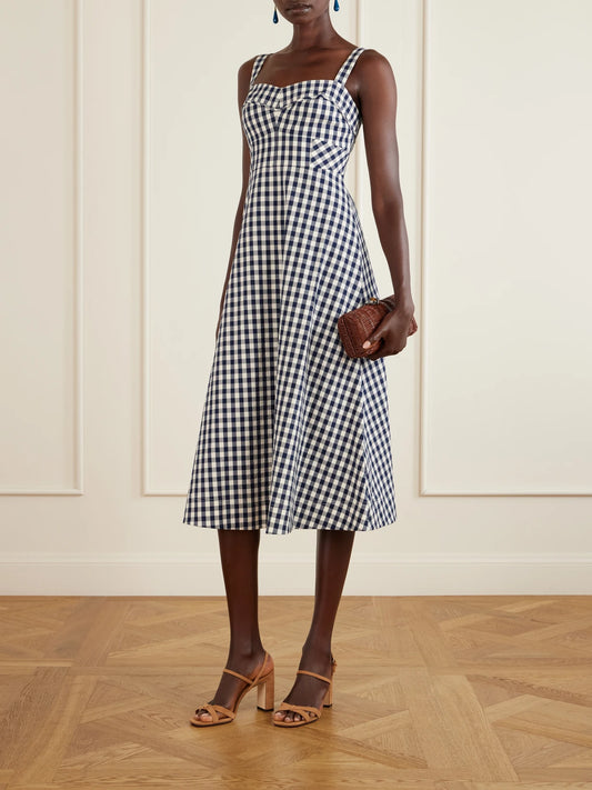 Image of Dresses. Product name - Lois Checked Stretch-cotton Cloqué Midi Dress in Navy colour by brand - Veronica Beard