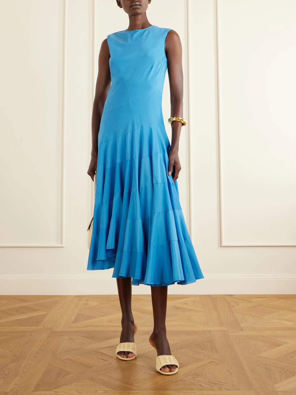 Image of Dresses. Product name - Flared Cotton And Silk-blend Voile Midi Dress in Blue colour by brand - Tory Burch