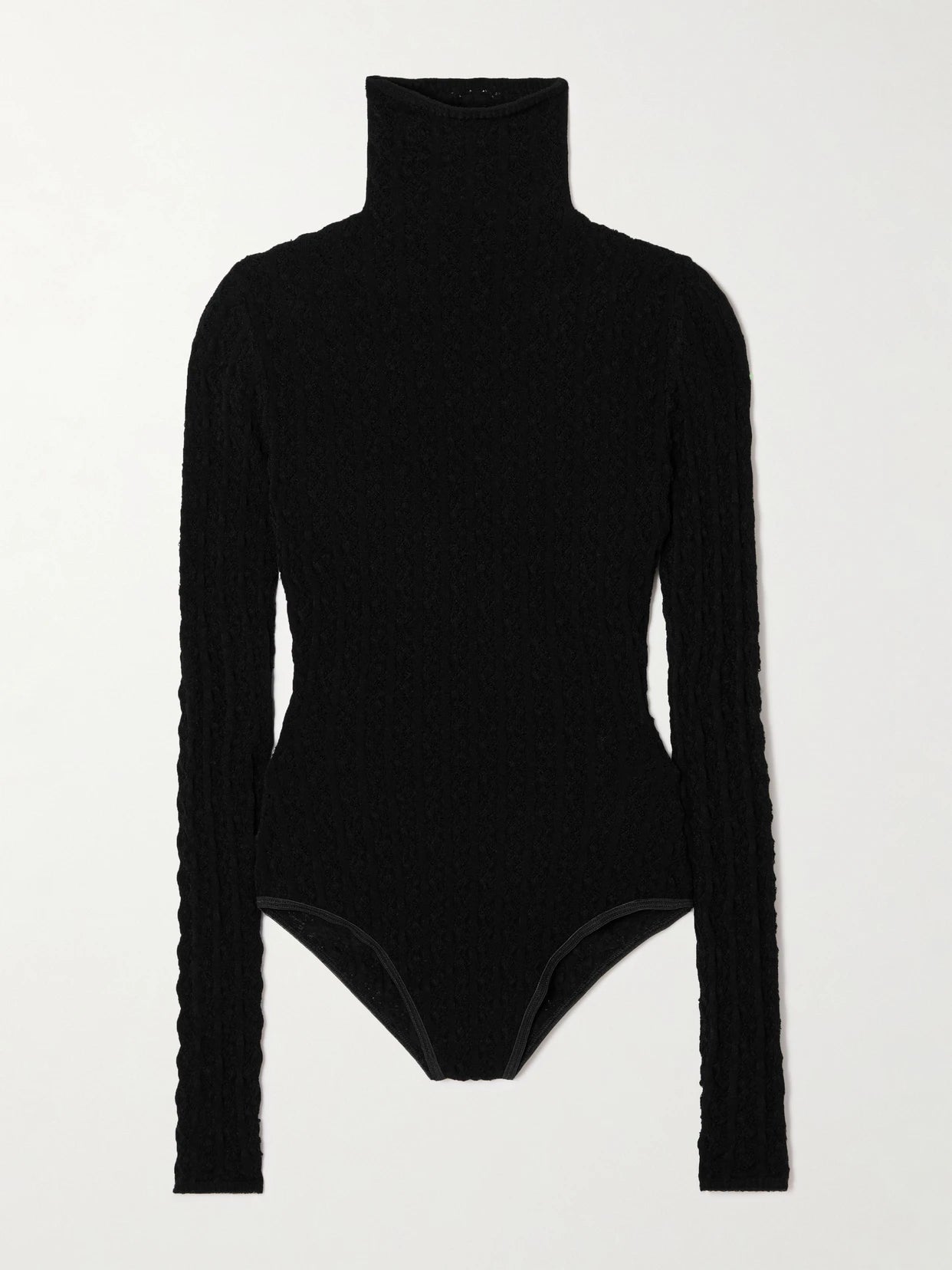 Image of a model wearing Tops. Product name - Open-knit Turtleneck Bodysuit in Black colour by brand - Alaïa