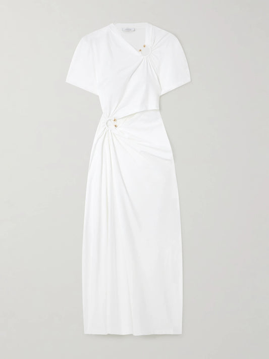Image of Dresses. Product name - Embellished Cutout Jersey Midi Dress in White colour by brand - RABANNE
