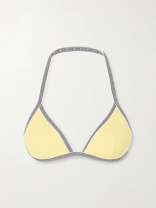 Image of Swimwear. Product name - Greca-printed Triangle Bikini Top in Yellow colour by brand - Versace