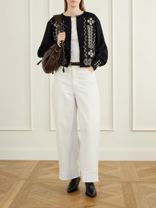 Image of Coats & Jackets. Product name - Libertad Cropped Embroidered Cotton-twill Jacket in Black colour by brand - ESCVDO