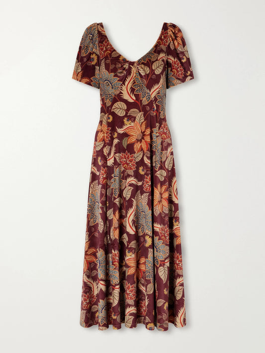 Farm Rio Delhi Paneled Open-back Printed Velvet Midi Dress