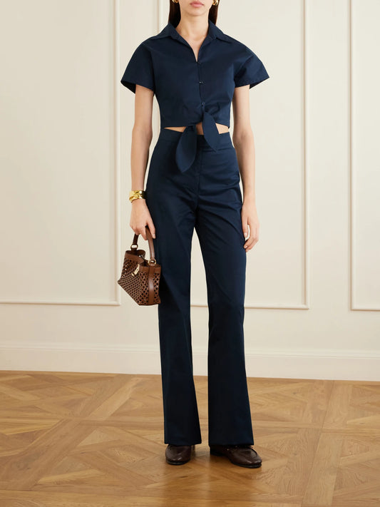 Image of a model wearing Pants. Product name - Laura Cotton-blend Straight-leg Pants in Navy colour by brand - Giuliva Heritage