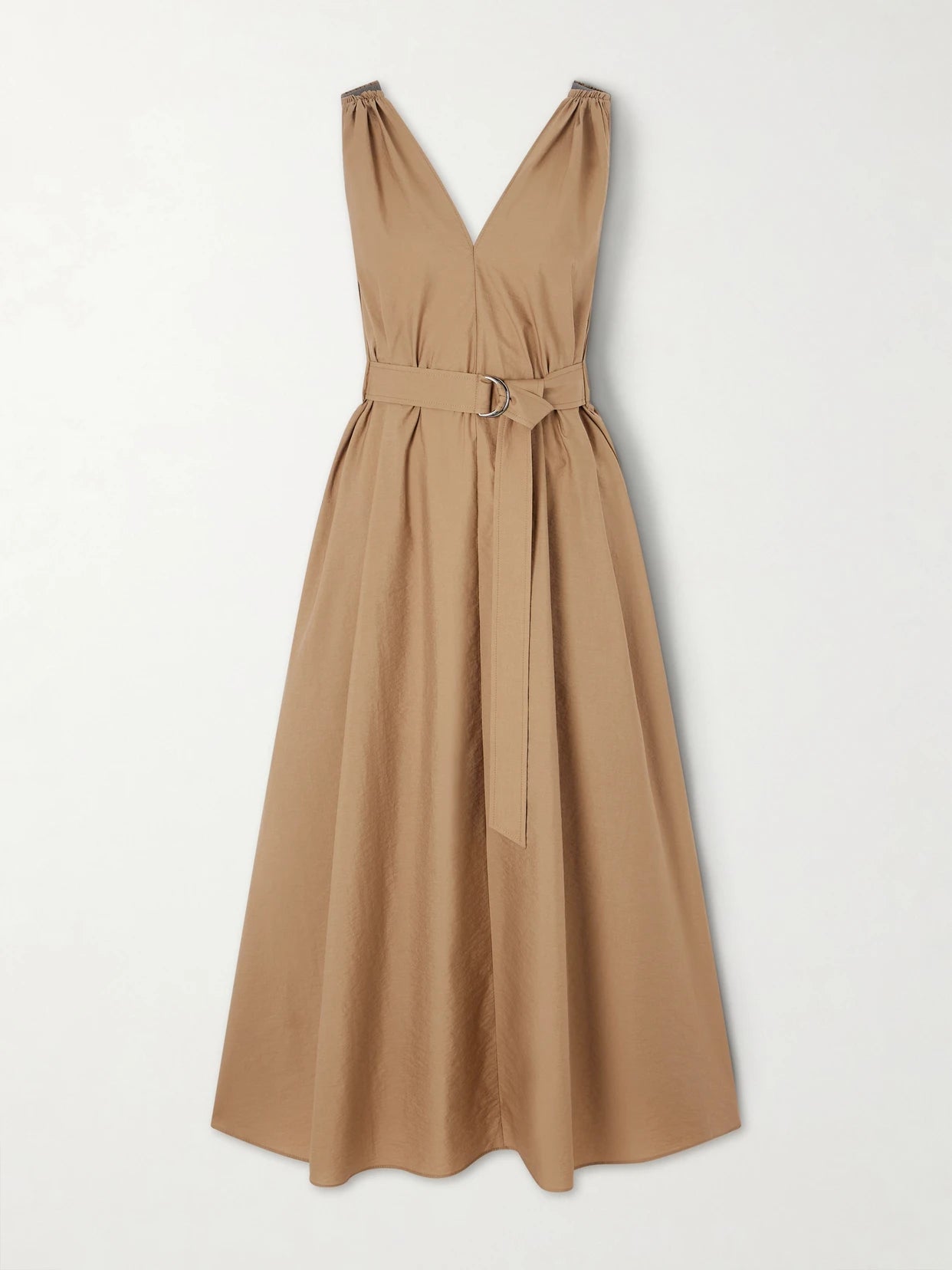 Image of Dresses. Product name - Belted Cotton-blend Poplin Midi Dress in Brown colour by brand - Brunello Cucinelli